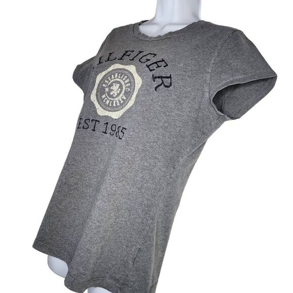 Tommy Hilfiger Women Tops, Stitched Lettering Logo Short Sleeve Grey Tee, Sz M - Picture 7 of 8